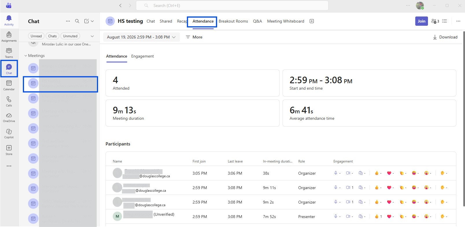 find attendance details in teams by navigating to the meeting chat in teams and clicking on the attendance tab at the top
