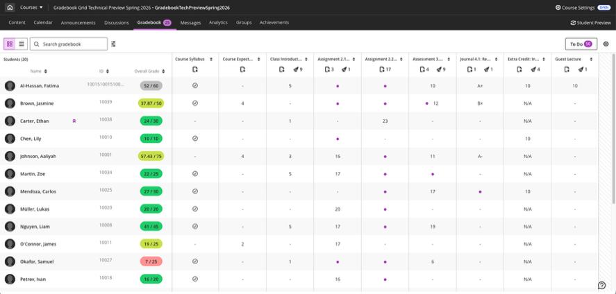 Gradebook grid view with students from top to bottom on the left, and assessments running left to right