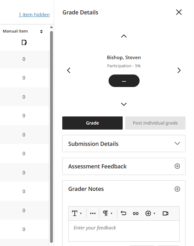 Grader notes from the grid view