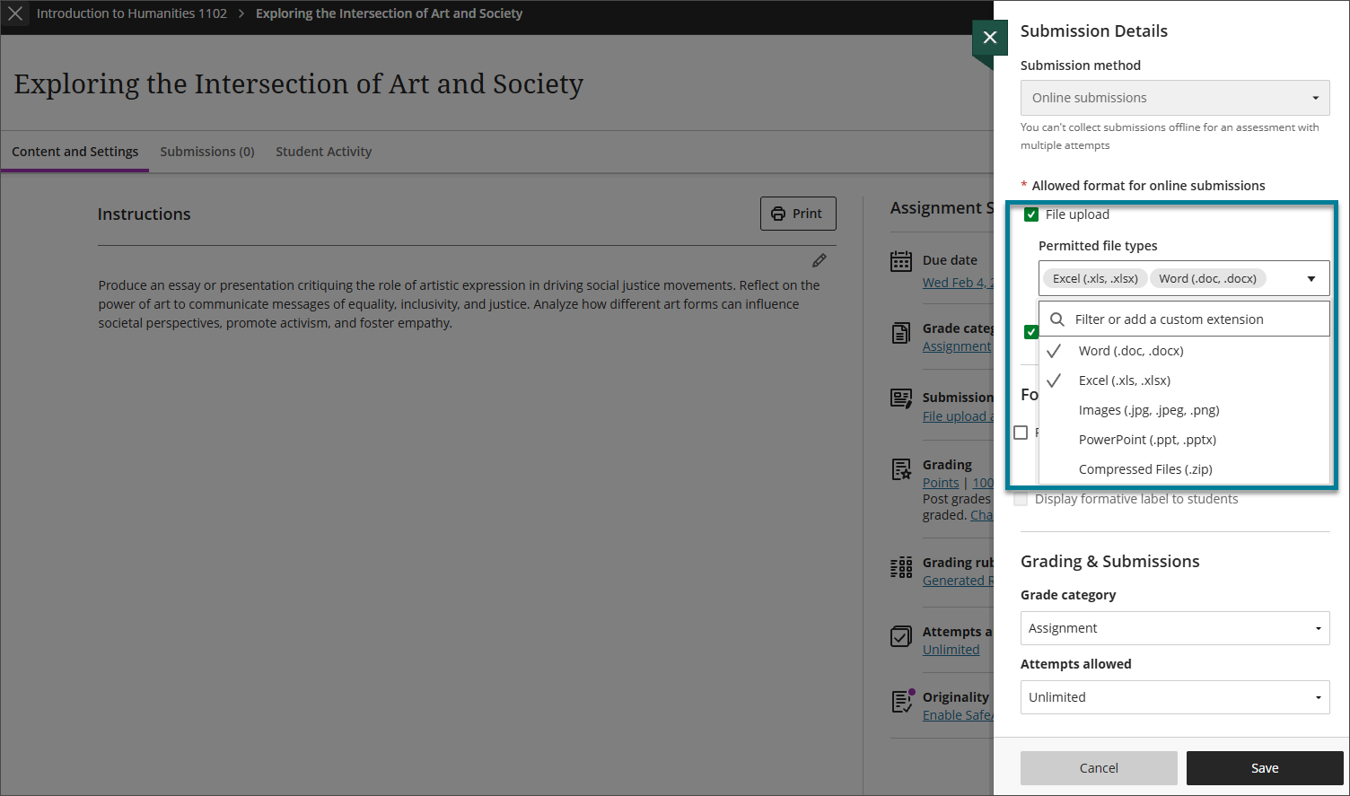 The assessment settings panel, focused on the Submission Details section. The File Upload checkbox is selected. The instructor opened the permitted file types dropdown.