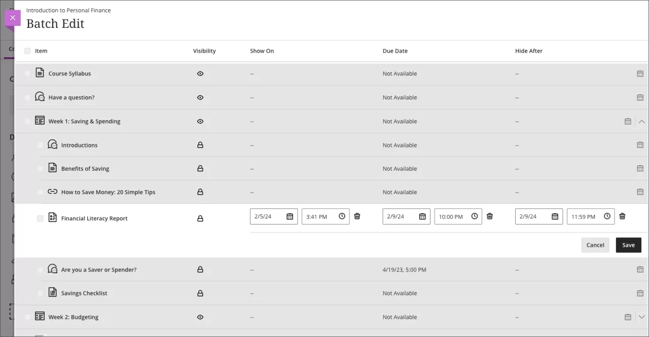 Screenshot of Batch Edit showing options to change dates for items within a module