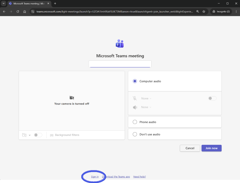 instead of typing your name when joining a teams meeting, sign in at the bottom