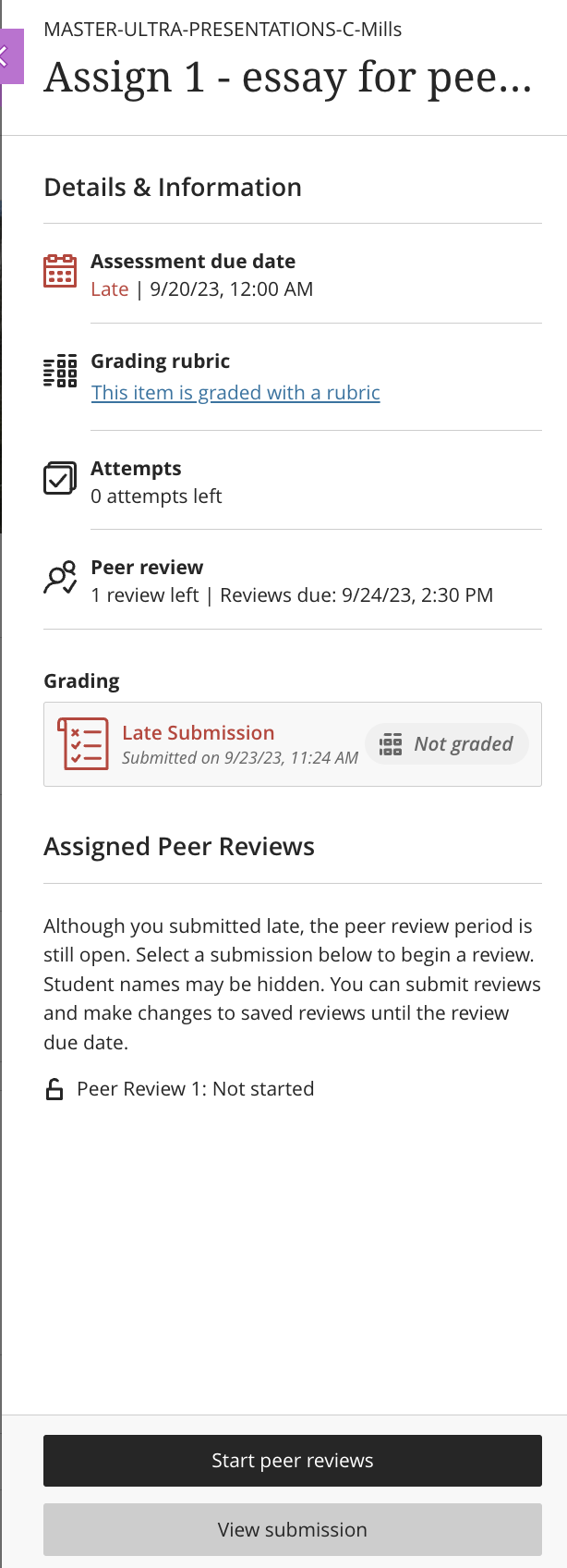 Assignment information panel with 'start peer reviews' selection at the bottom 