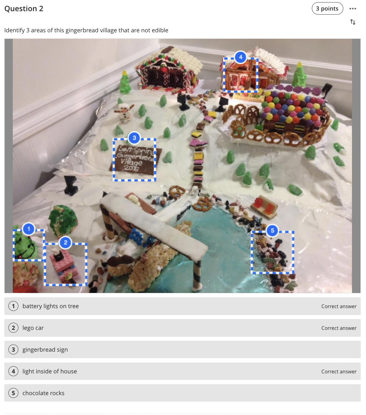Instructor view - A question with 3 correct hotpots and two incorrect ones