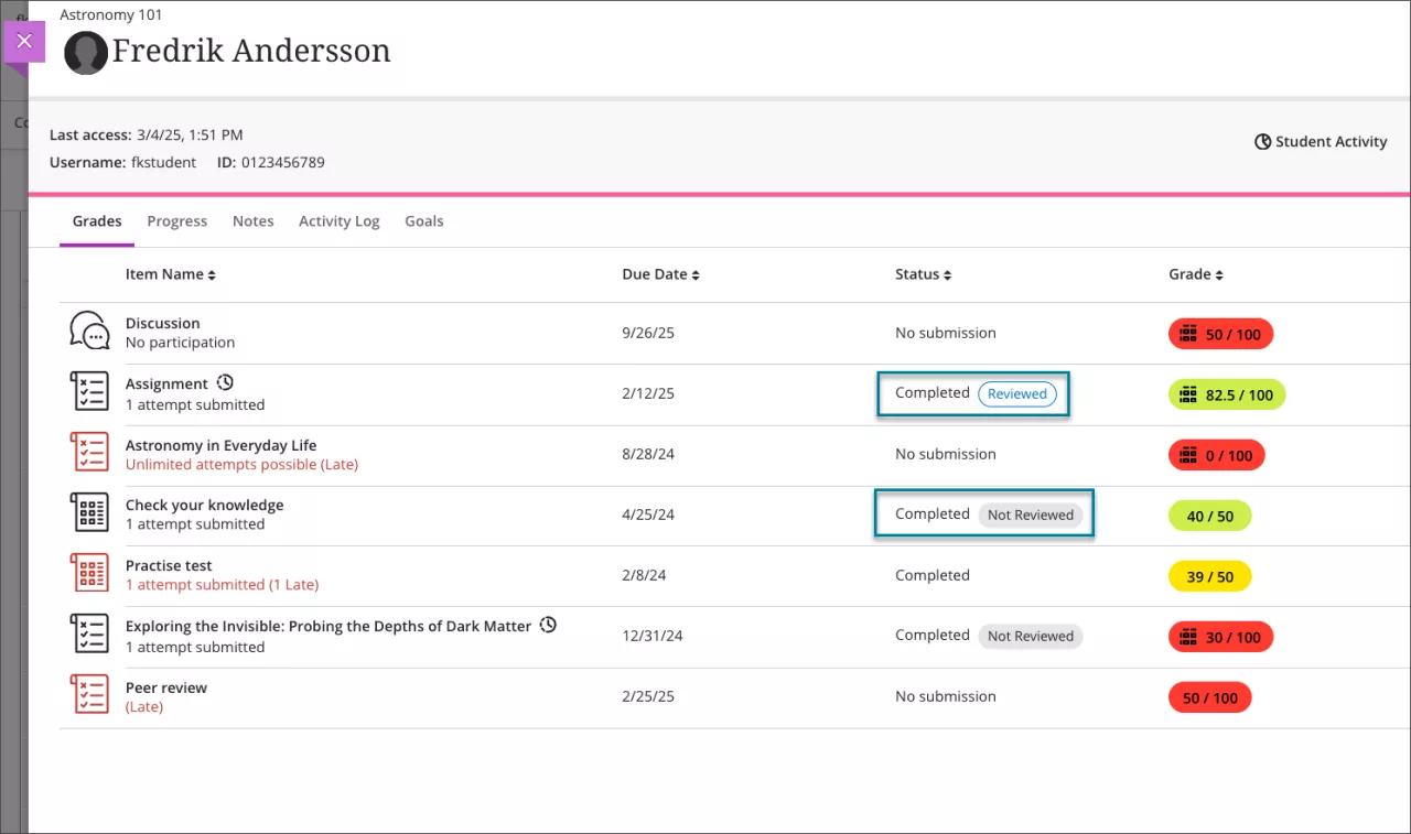 student information showing if feedback was reviewed or not reviewed