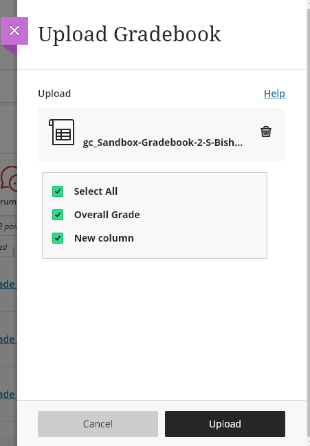 screenshot of the upload gradebook panel