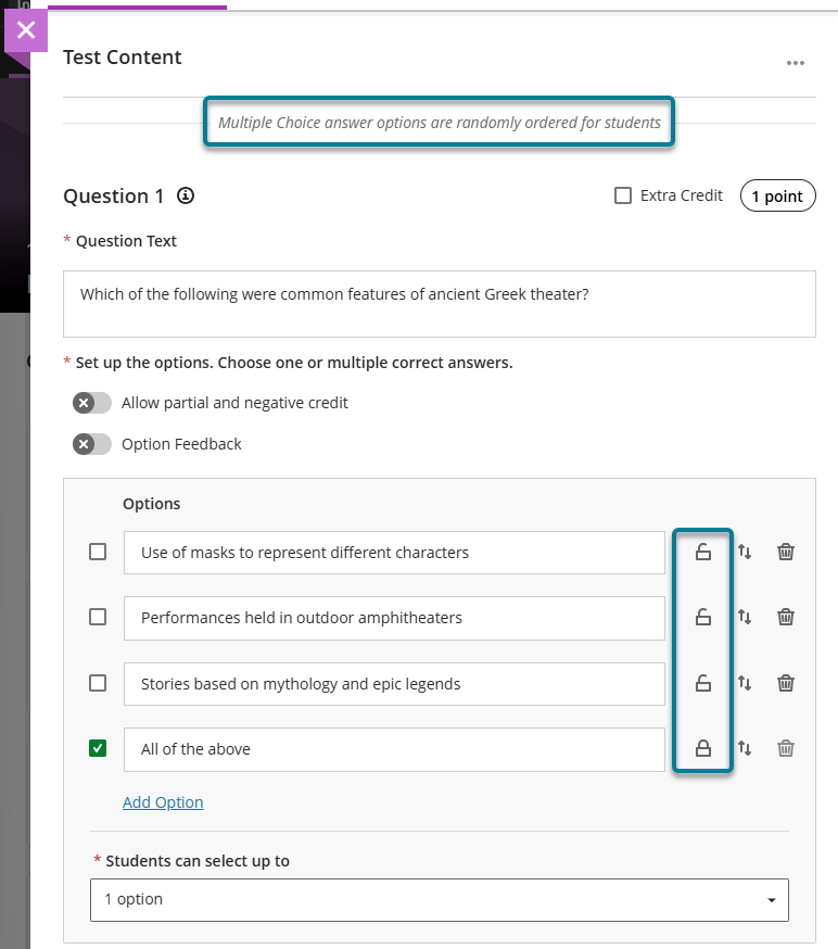 screenshot showing a multiple choice question with the lock icons to the right of each answer option