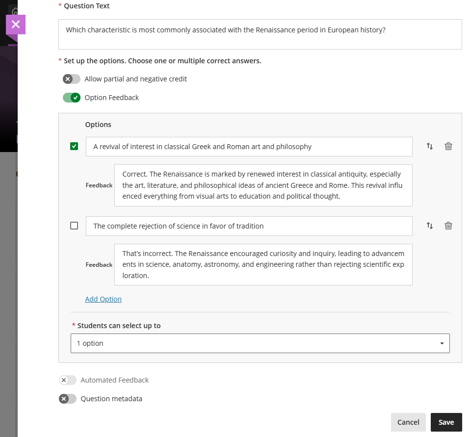 Answer level feedback textbox appears below each answer option