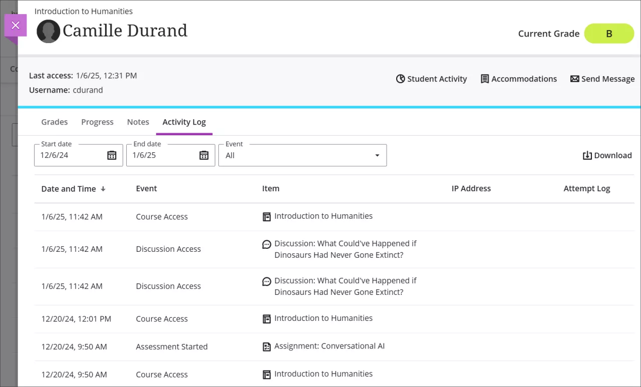 screenshot of the activity log