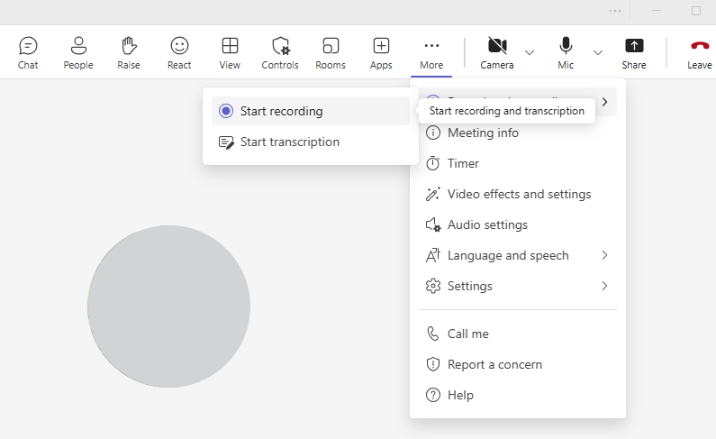 Teams desktop app showing the 'start recording' option via the three dots